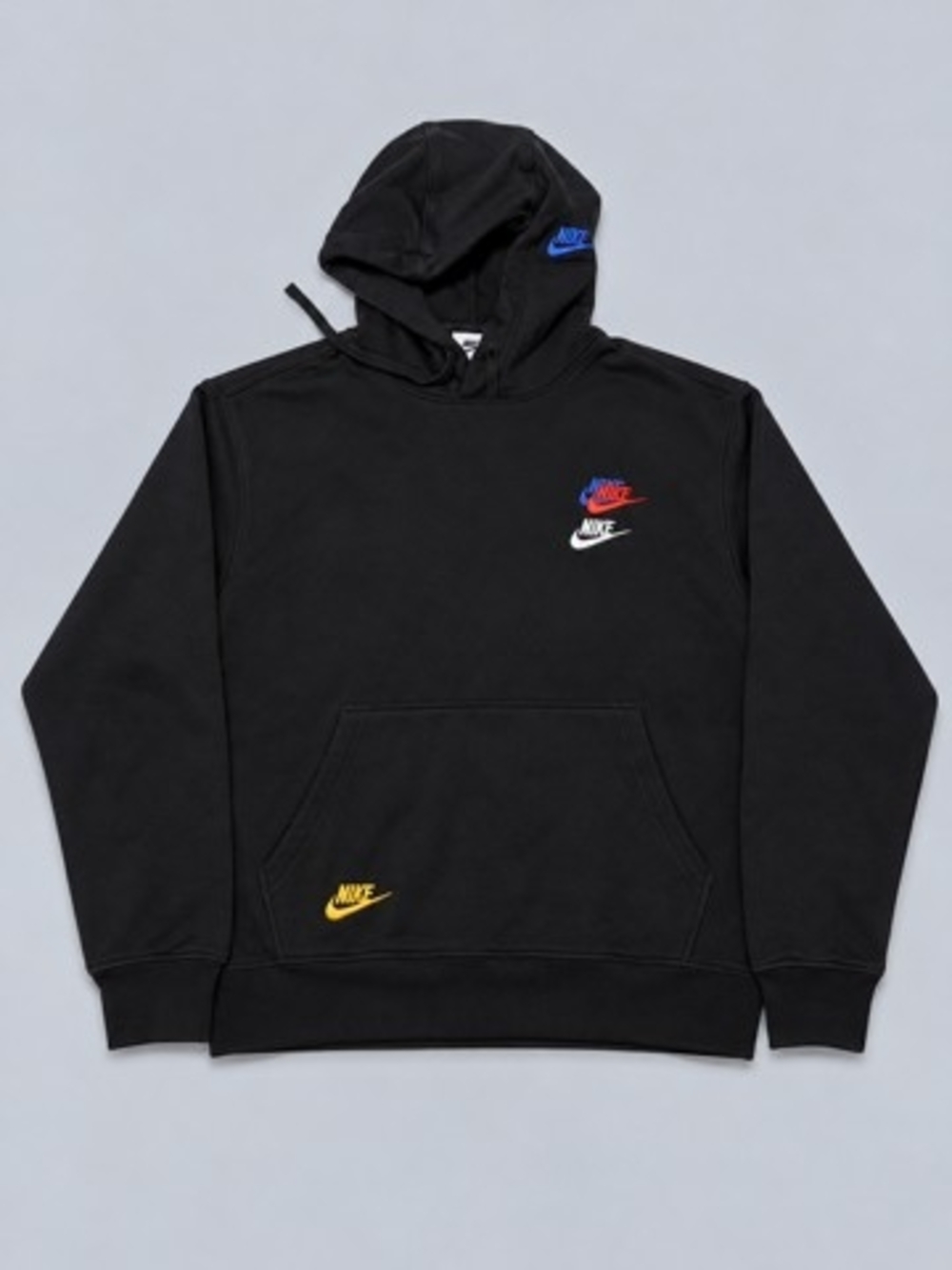 Nike Black Mens Hoodie with Blue, Red, White & Yellow Logo Accents